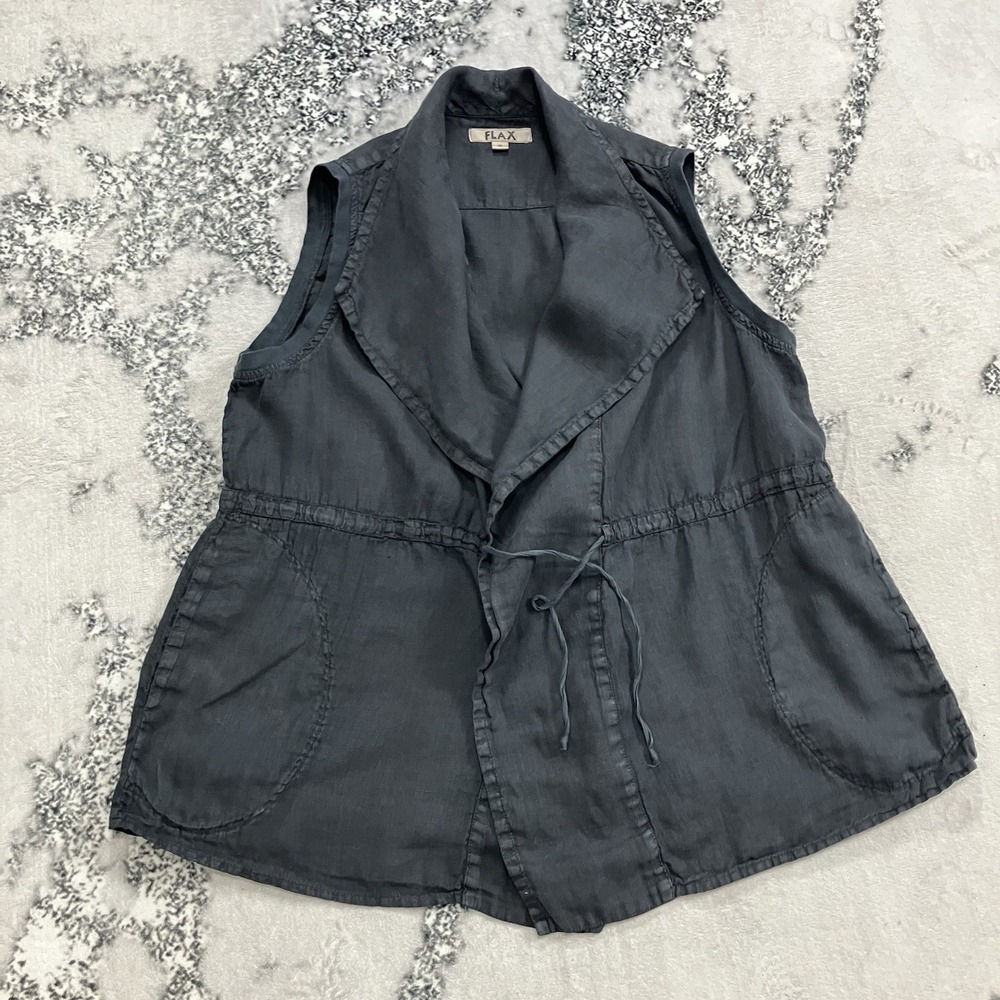 FLAX Linen Navy Blue Open Front Tie Waist Vest Jacket Women's Size Small‎